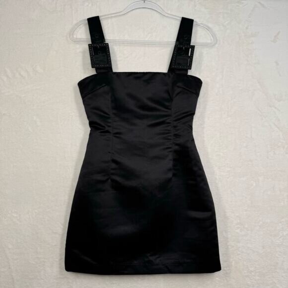 Cynthia Rowley Gigi Satin Dress Black Mini Rhinestone Cocktail Party LBD Size 0 - Picture 8 of 16